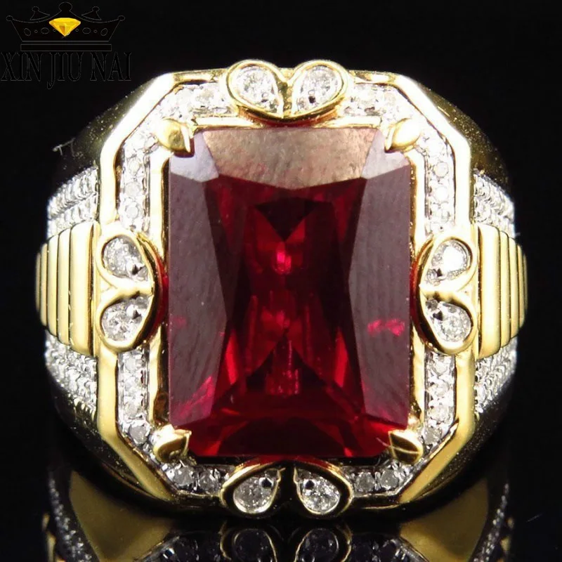 Anillo de compromiso con piedra roja s925 para hombre, sortija con relleno de oro amarillo de 18kt, Estilo Vintage, ideal como regalo de boda