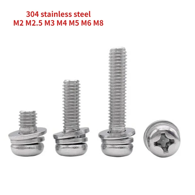 20-200pc 304 Stainless Steel 9074.8 Small Pan Head Cross Three Combination Screw Flat Spring Washer Screw M2 M2.5 M3 M4 M5 M6 M8