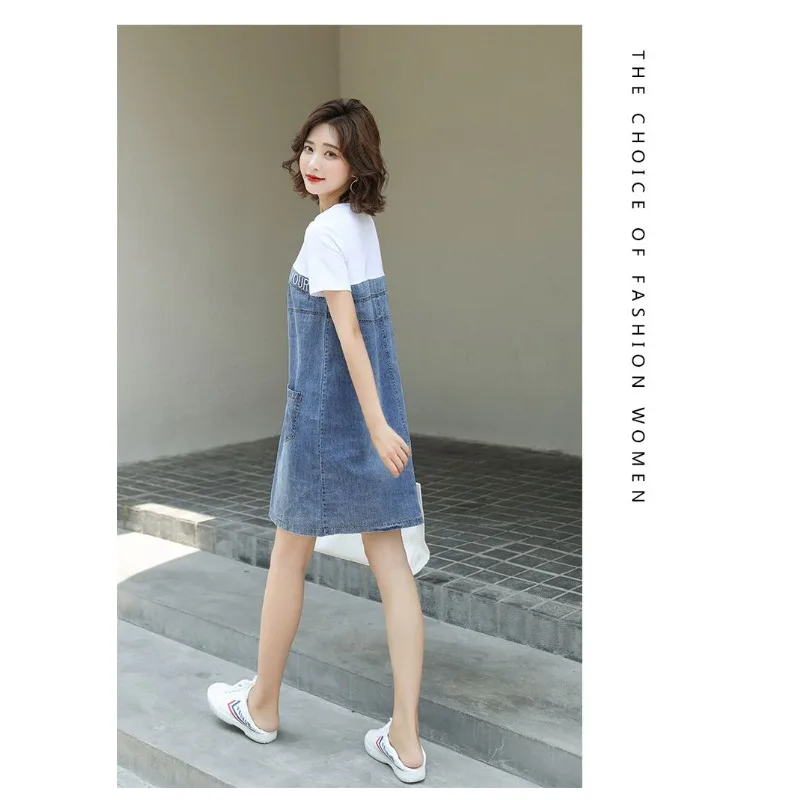 تي شيرت الربط فستان الدنيم الصيف النسخة الكورية الجديدة فضفاضة كبيرة الحجم رقيقة مزاجه تنورة وهمية قطعتين بسيطة التنقل