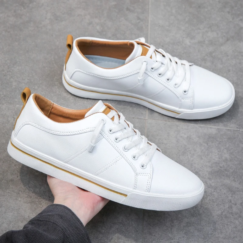 Men Leather Shoes Flat Heel Low Top Round Shallow Open Tourist Men Shoes Simple Design Large-sized Lace-up Walking Loafers Men