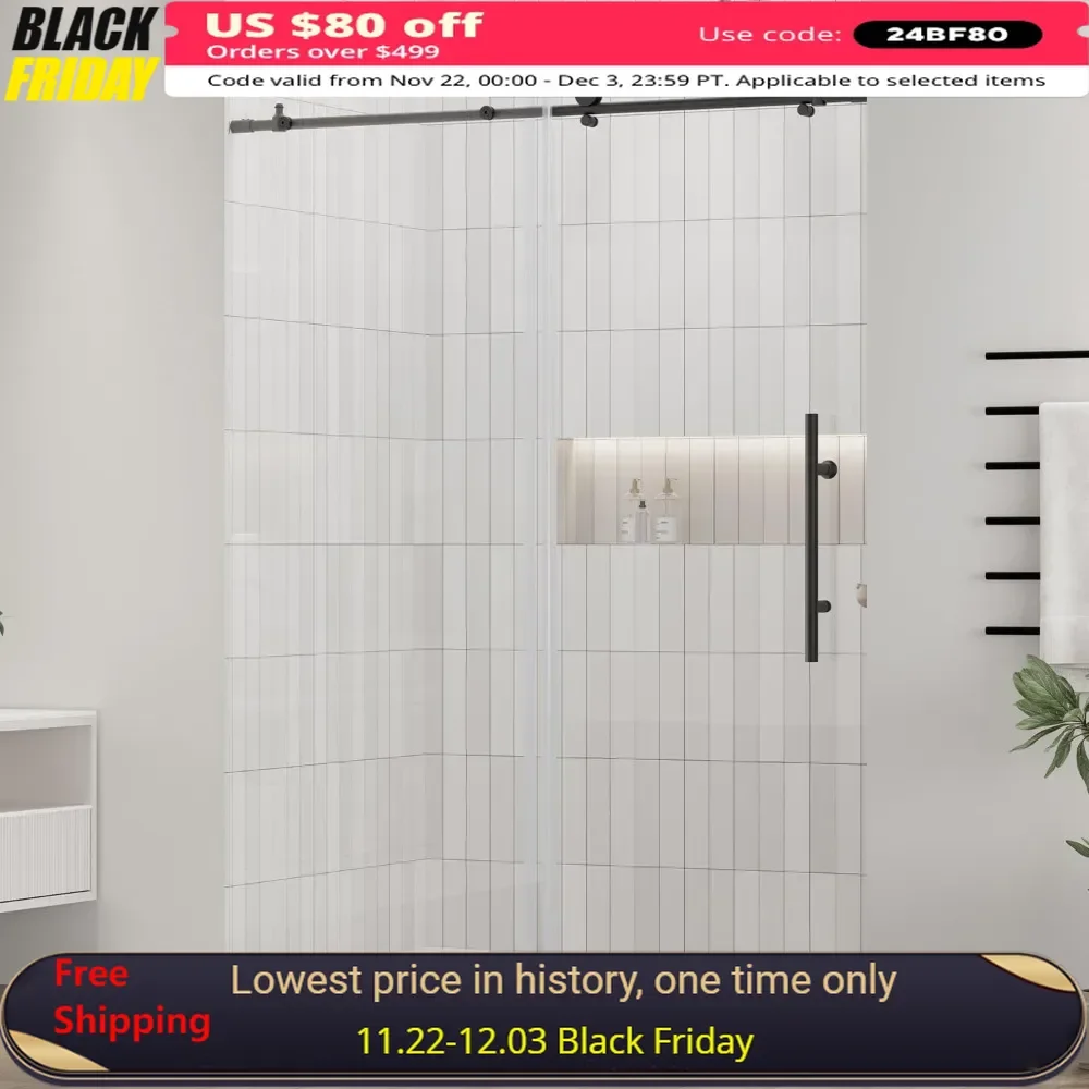 Frameless Shower Door, 56-59“ X 72”, Smooth Sliding, Tempered Glass, Stainless Steel Hardware, Reversible, Sliding Shower Door