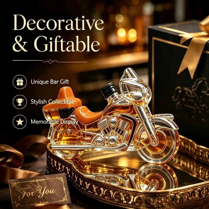 Unique Cruiser Motorbike Style Clear Glass Wine Decanter Portable Sealed Whisky Storage Bottle Bar‑top Ornament Present
