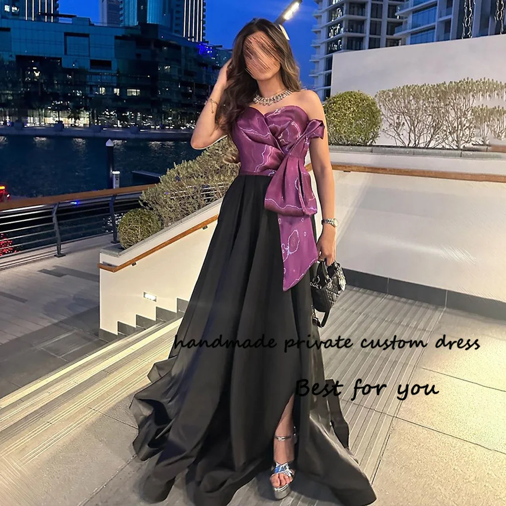 

Black Purple A Line Evening Dresses with Slit Long Arabic Dubai Prom Party Dress with Train Long Celebrate Prom Gowns