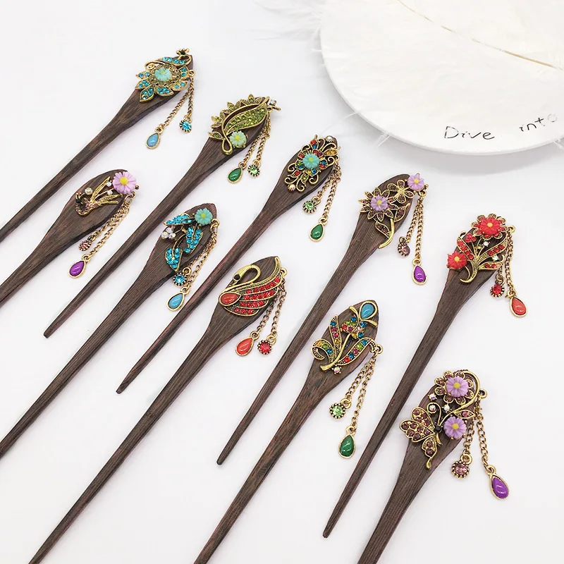 wooden hairpins Exotic amorous feelings hair disk Inlaid rhinestone peacock flowers female buyao hairpin hairdress wholesale 6pc