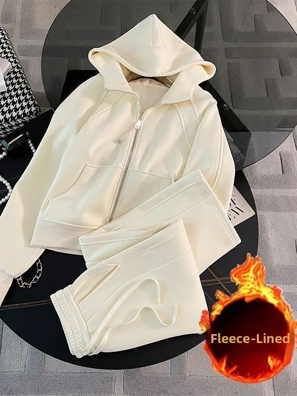 Women's Winter Thickened Fleece Hooded Sports Set High Waist Long Pants Warm Slimming Casual Sportswear Two-Piece Suit