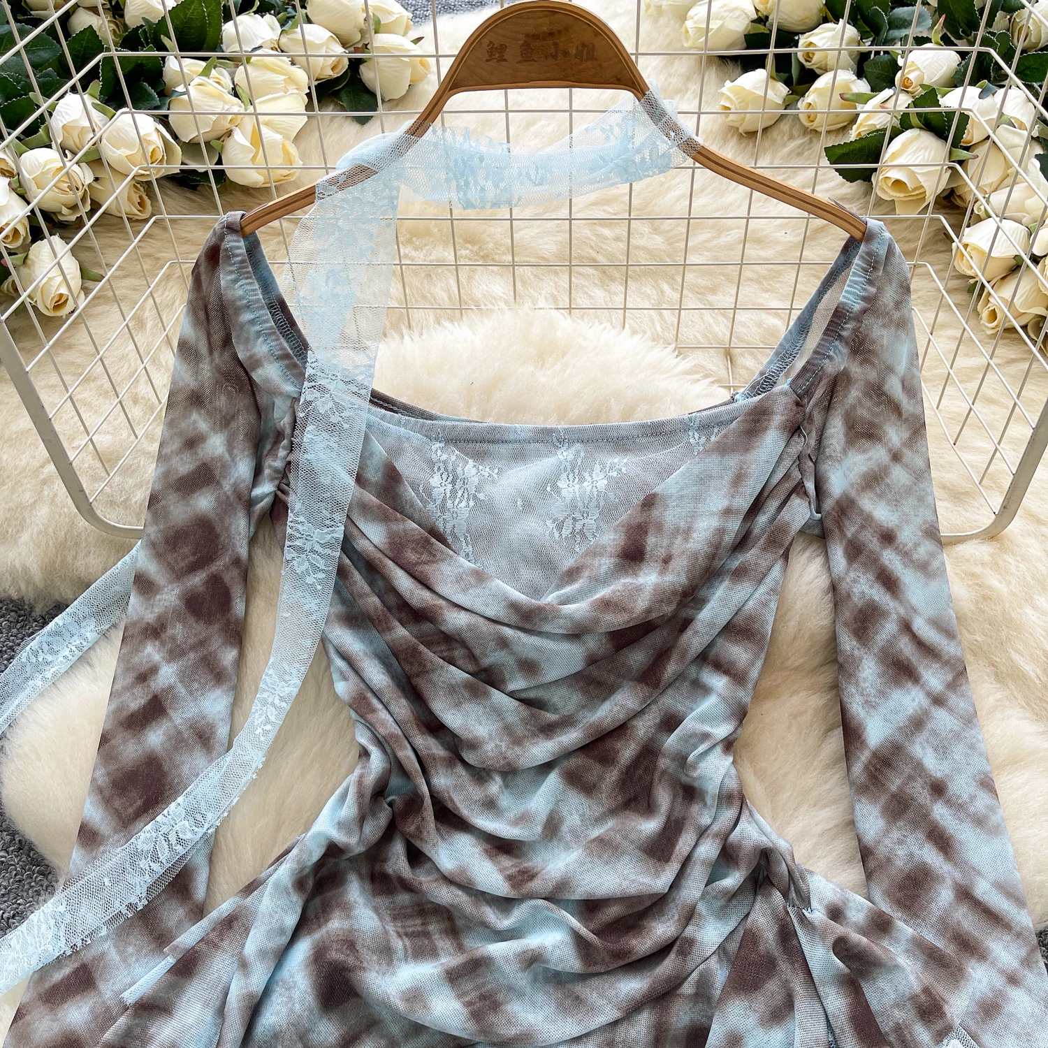 Vintage elegante asymmetrische tie-dye blouse met lange mouwen Fashion Shirt Chic Top herfst dameskleding