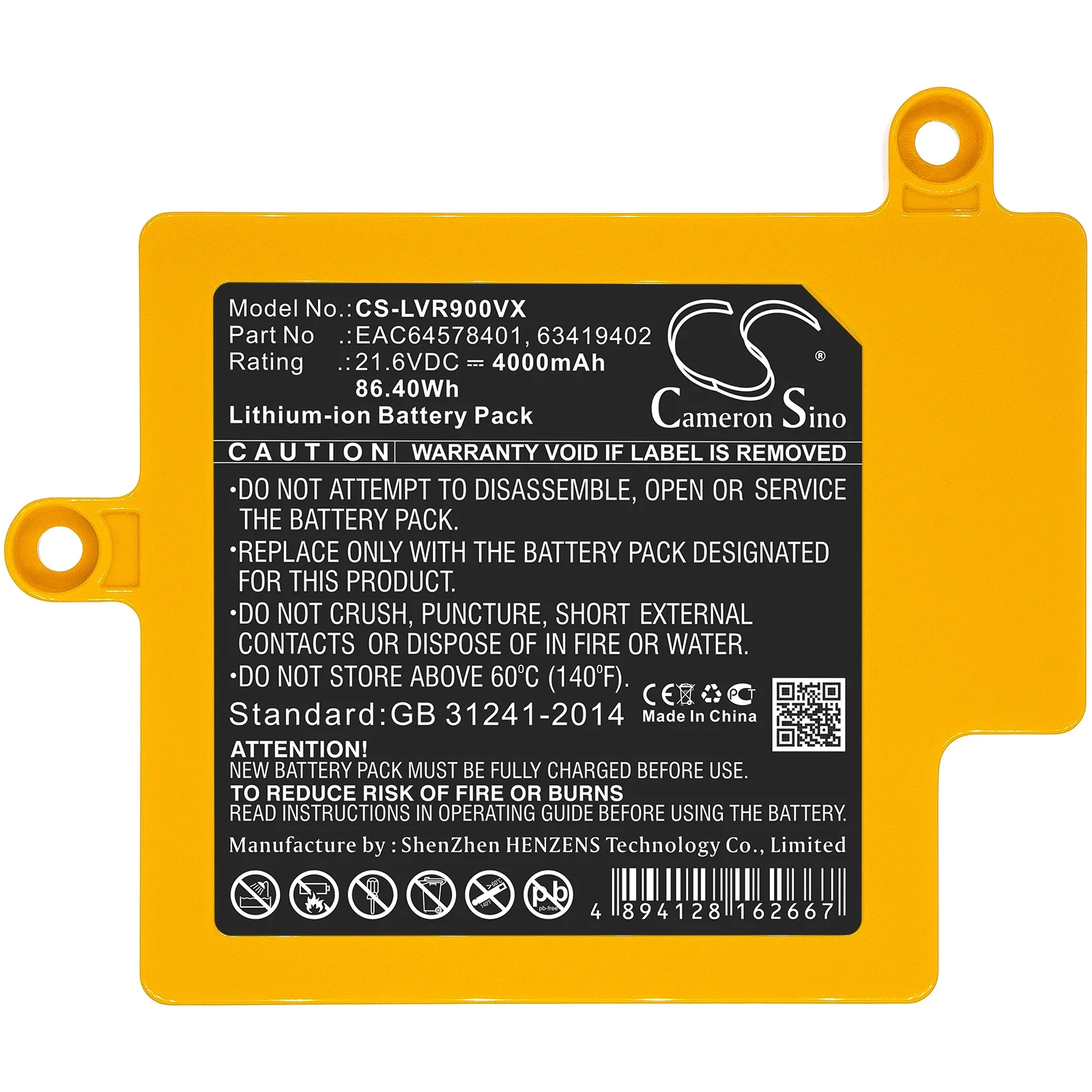 

Li-ion Vacuum Battery for LG,21.6V,4000mAh,CordZero R9,R9MASTER,CordZero R87,BDV1,EAC64578401,EAC64578402,EAC63419401