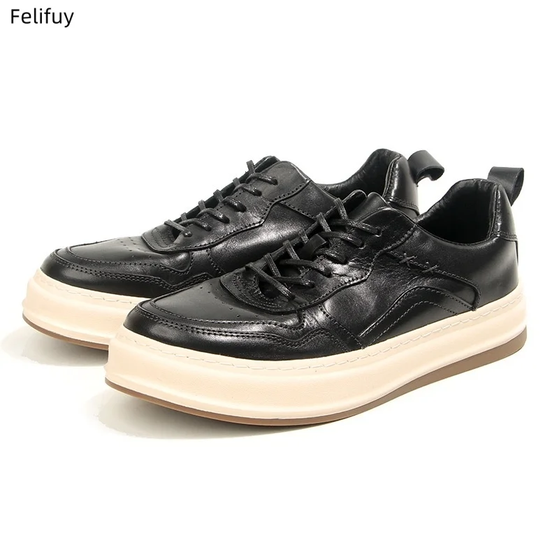 Big Round Head Lace Up Male Mens Genuine Leather Shoes Black Men Dress Shoes Autumn Oxfords Spring Casual Shoes Fashion Flats