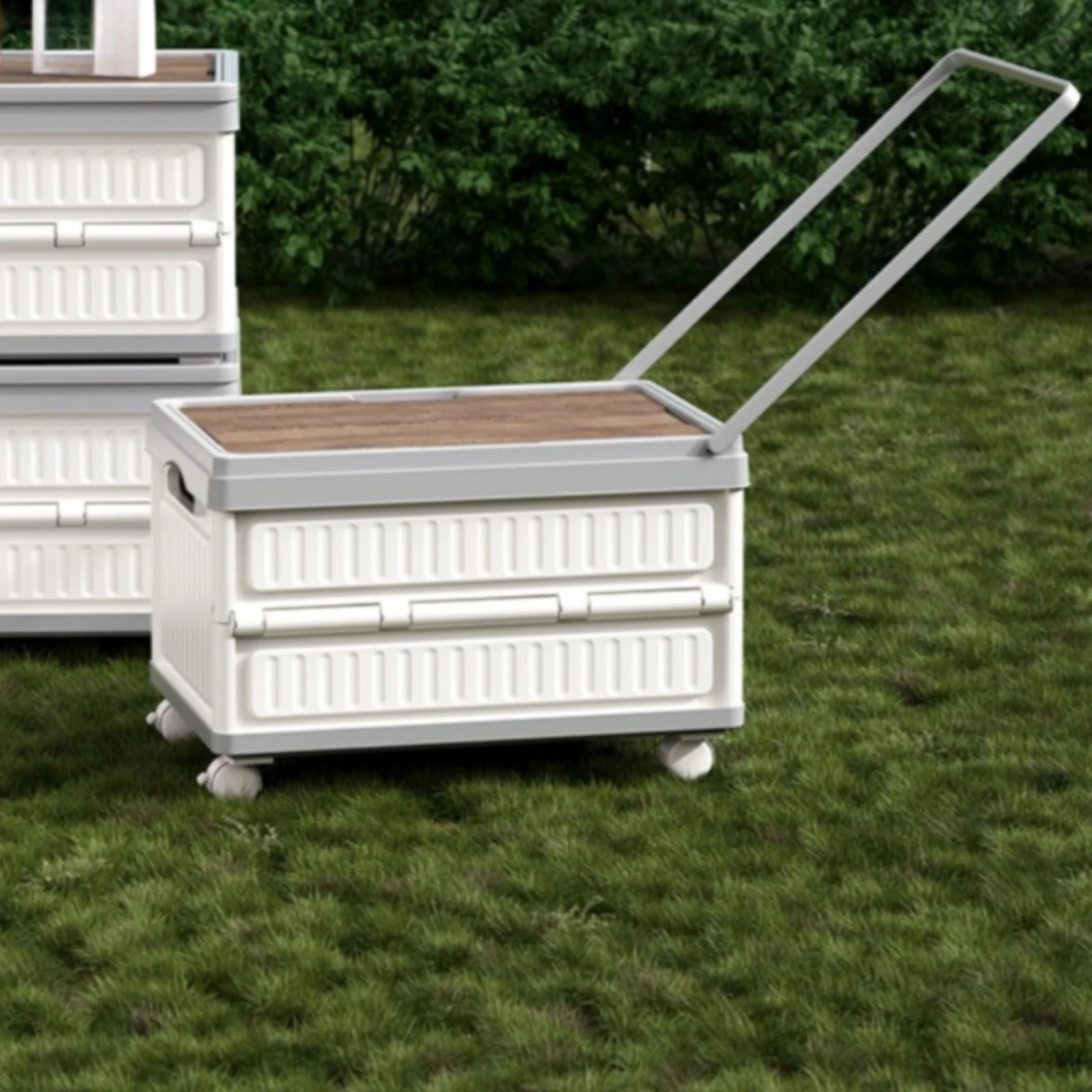 Rolling Storage Box with Wood Lid Sturdy Wheeled Storage Chest with Handle Heavy-Duty Non-Slip for Campers, Camping, Car Trunk