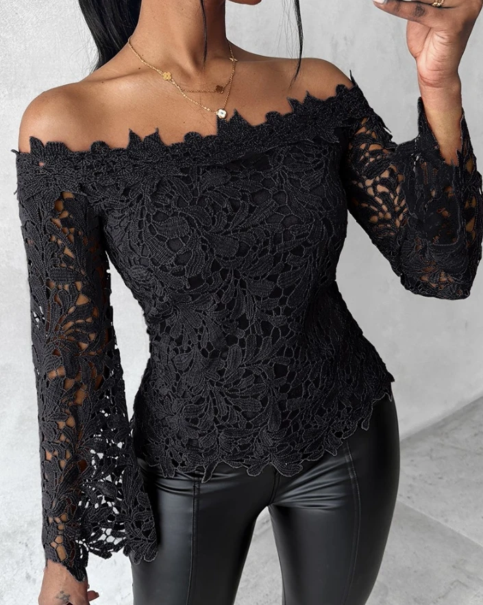 

Sexy Top Women 2024 Spring Off Shoulder Long Flare Sleeve Lace Hollow Patchwork Slash Neck Splice Slim Fit Pullover Streetwear