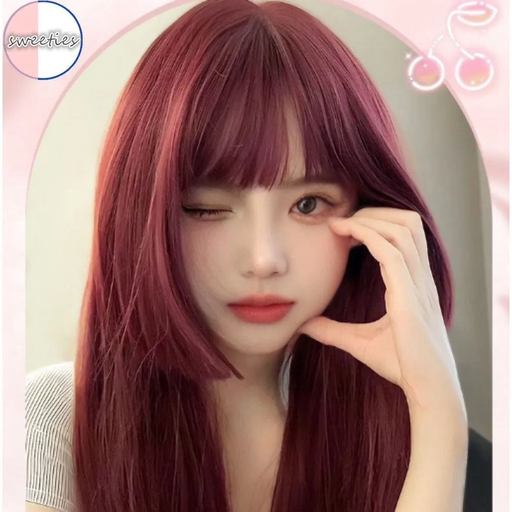 Simulated high-temperature silk wind red color full head wig increase hair volume princess girls long straight wigs 75cm