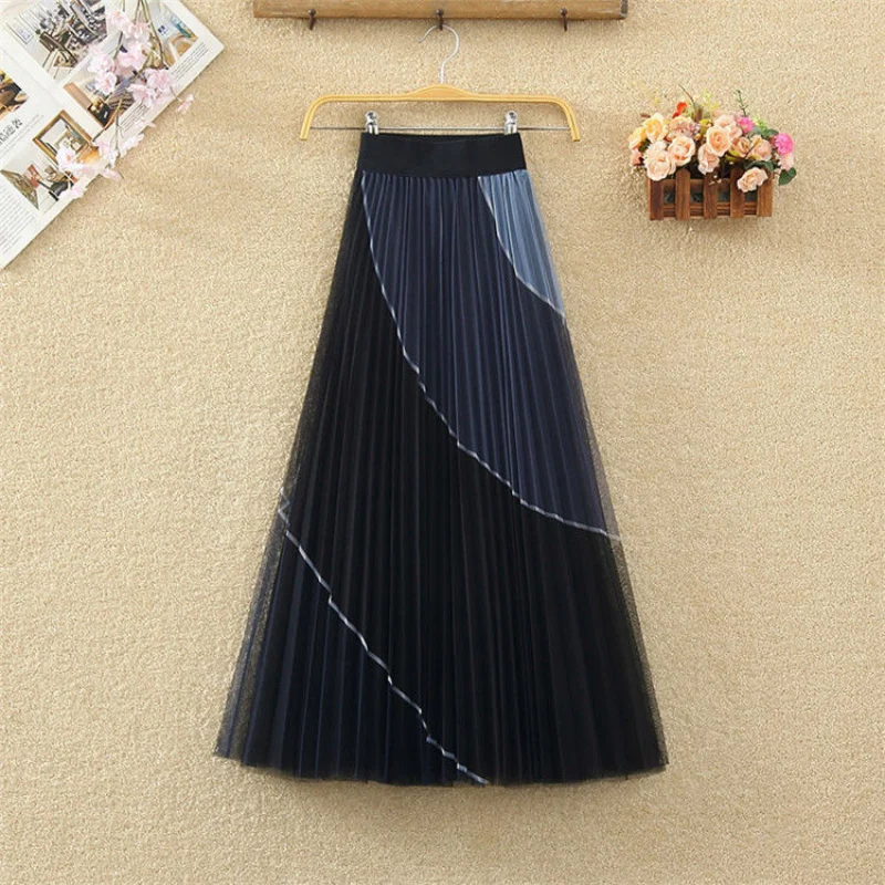 Mesh Skirt Elastic Waist Slim A-line Mid Length Pleated Skirt with Contrasting Color Stitching Women Comfortable Skirt 2023