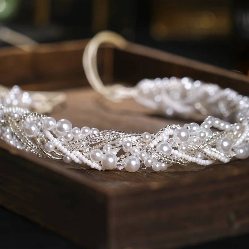 Tiara Ikat Kepala Mutiara Warna Perak untuk Wanita Hadiah Ikat Kepala Perhiasan Aksesori Rambut Pernikahan Pengantin Kristal Berlian Imitasi Pengantin Wanita