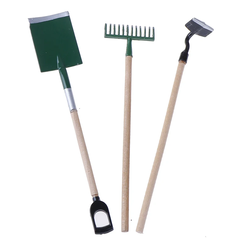 3psc/conjunto de ferramentas de ancinho de pá de jardim de metal para acessórios em miniatura de casa de bonecas