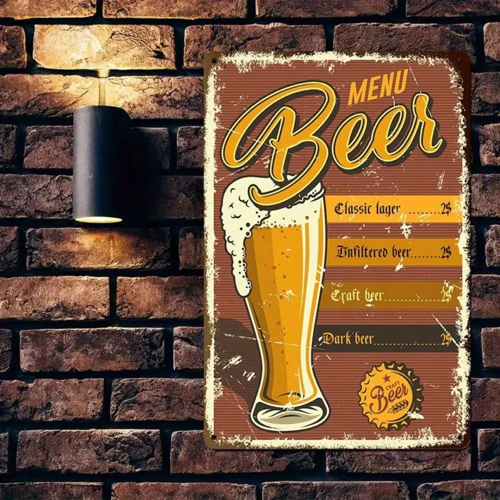 

1PC Beer Menu Tin Sign - Vintage Lager & Craft Beer Pub Decor, Rustic Bar Wall Art, 8x12 Inches (20x30cm)