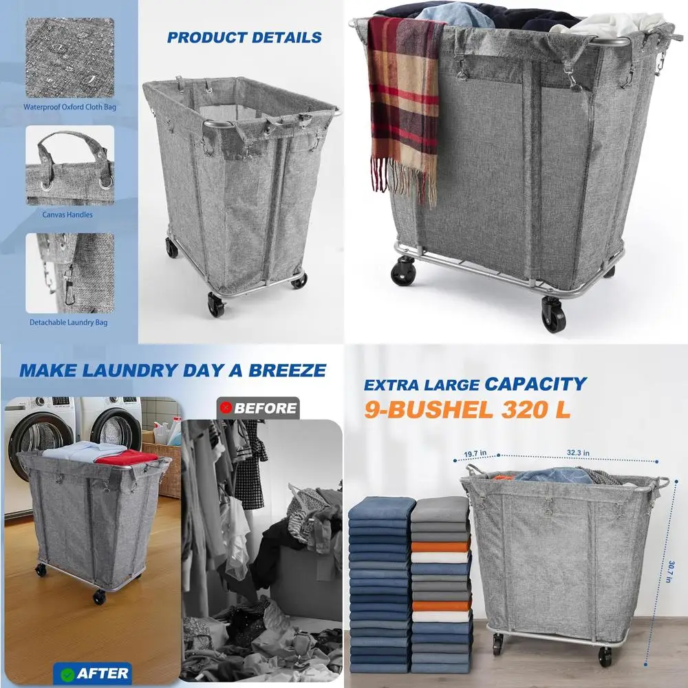 

Large 320L Rolling Laundry Cart with Steel Frame and Waterproof Lining for Home and Commercial Use, Grey