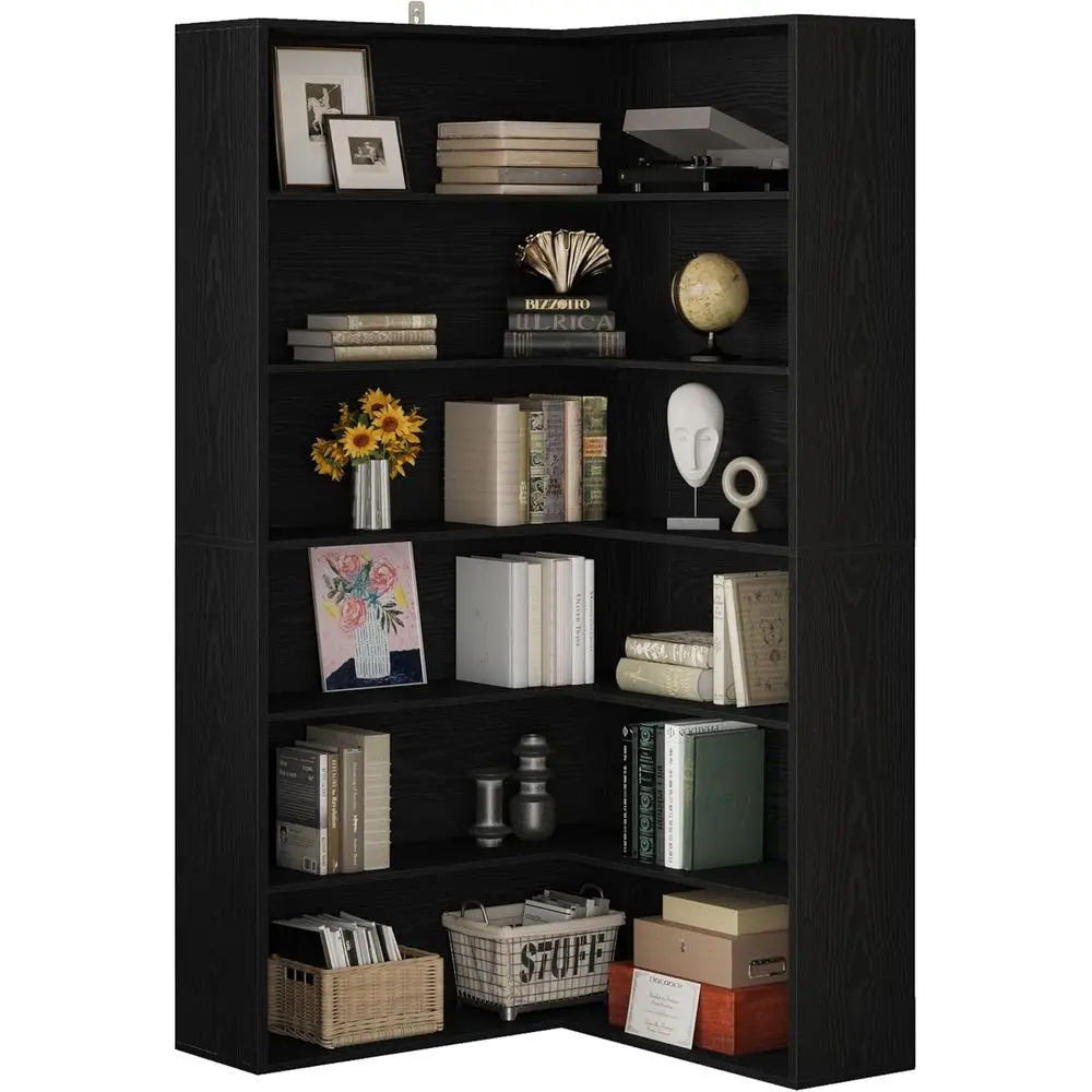 Estantería esquinera de 6 niveles con deflectores, estante de almacenamiento Etagere negro para sala de estar y oficina en casa