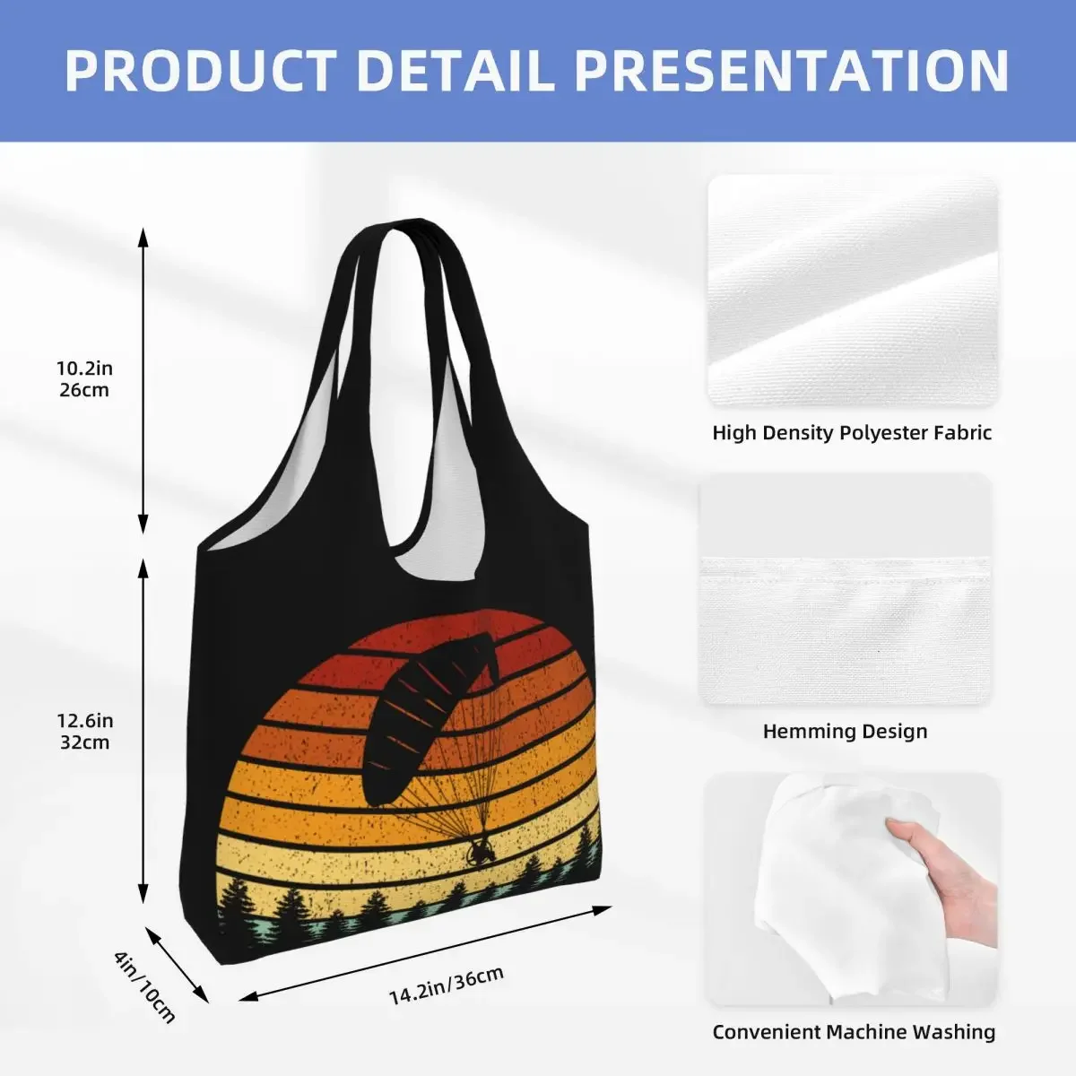 حقيبة تسوق شراعية ، هدية قابلة لإعادة الاستخدام للطياري ، باراموتور ، بقالة قماشية ، حقائب تسوق على الكتف ، غروب الشمس