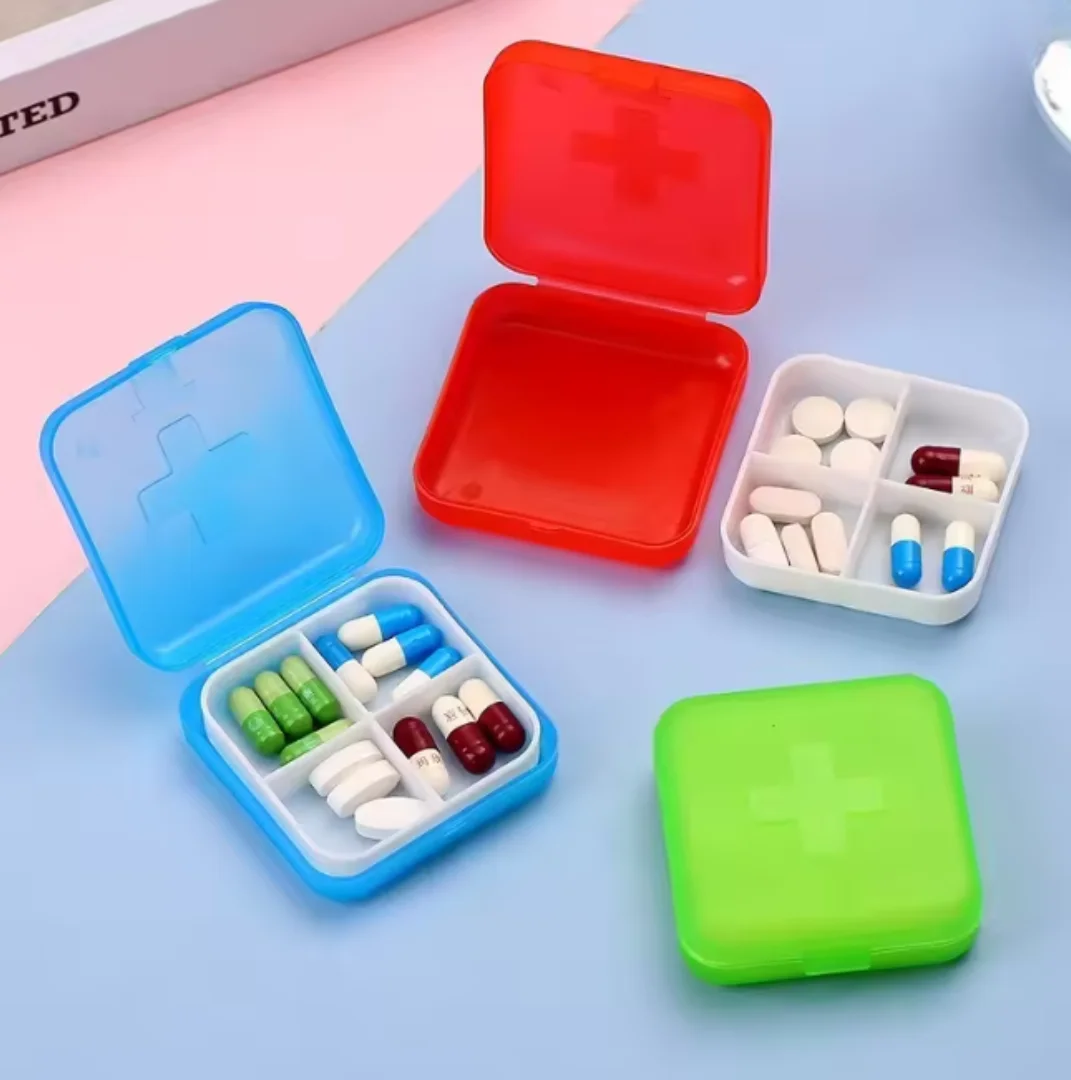 Portable 4 Grids Weekly Pill Organizer Box, Mini Plastic Pill Case for Home Travel, Solid Color Medicine Storage image 4