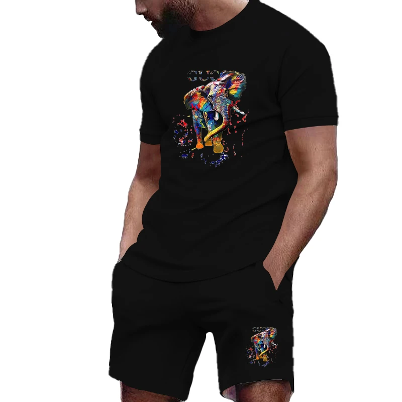 

Summer men's gym sportswear men's T-shirt+camping bike sports breathable shorts men's jogging pants print