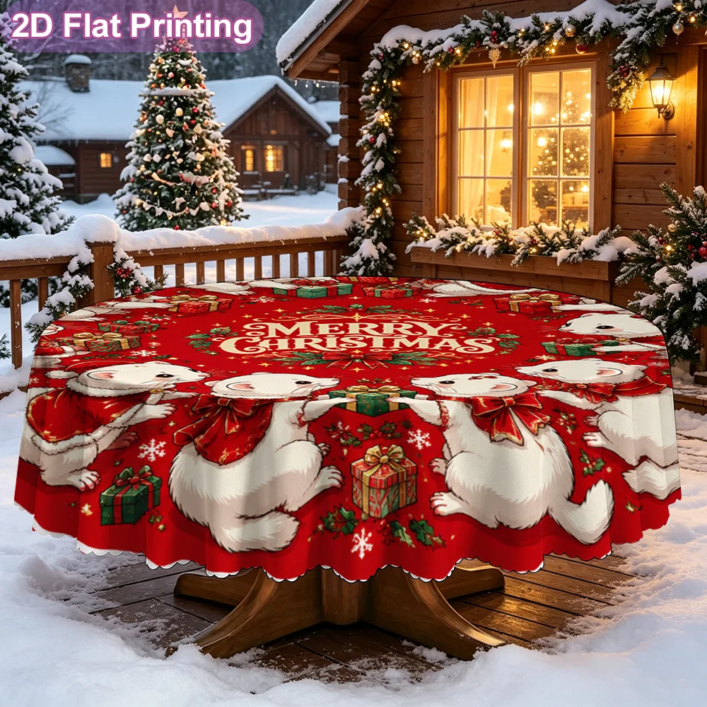 2D flat model, single piece, tablecloth, Merry Christmas, white cat red gift print.