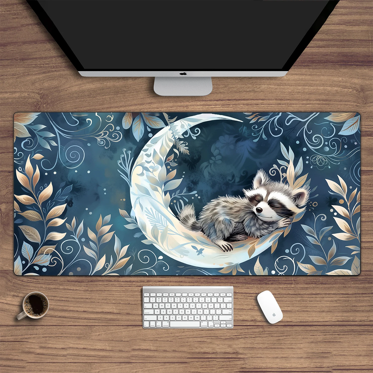 Cute little raccoon sleeping on the moon, cute gaming desk pad mouse pad XL, gift for daughter, desk decoration