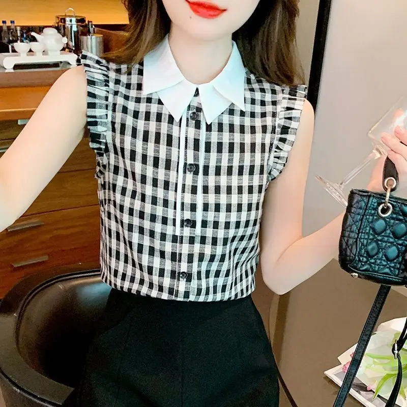 Plaid Contrast Patchwork Office Shirt Tops Summer New Polo Neck Ruffles Pleated Vintage Blouse Fashion Casual Women Clothing