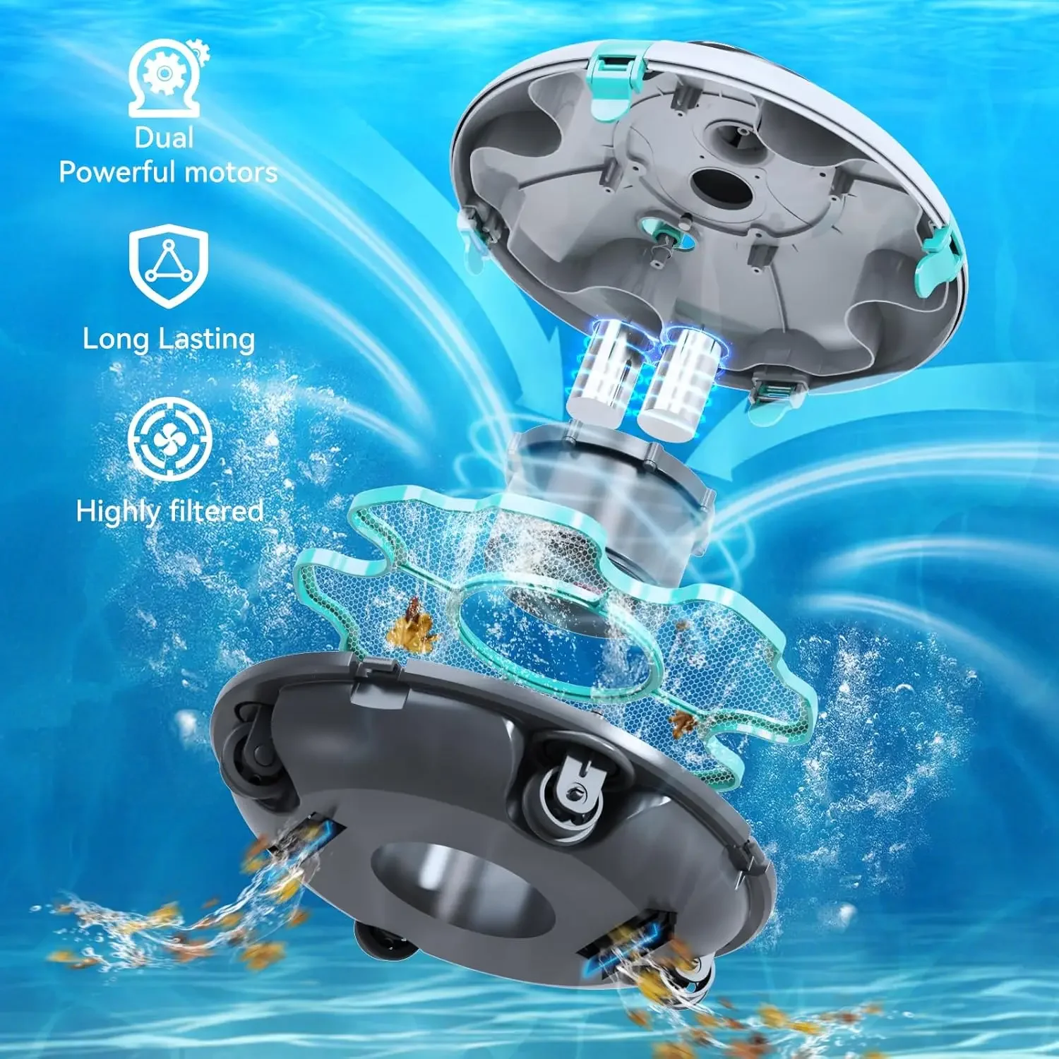 Cordless Robotic Pool Cleaner 70Mins Pool Vacuum for Above Ground Pool 15KPa Powerful Suction Water Sensor