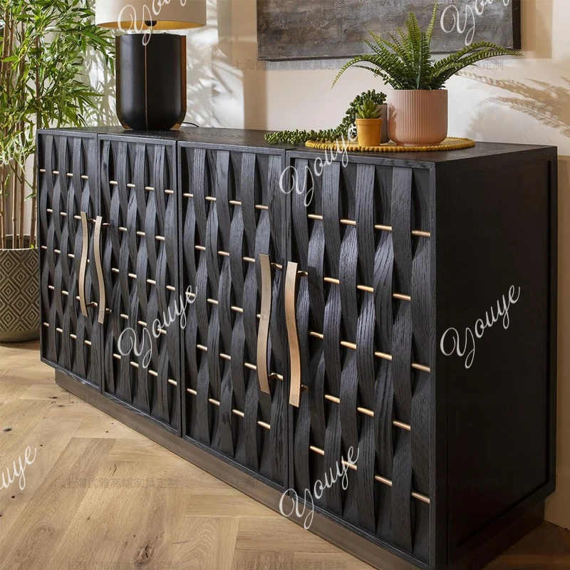 

French retro side cabinet American engraved solid wood TV cabinet wabi-sabi aisle display wall side cabinet