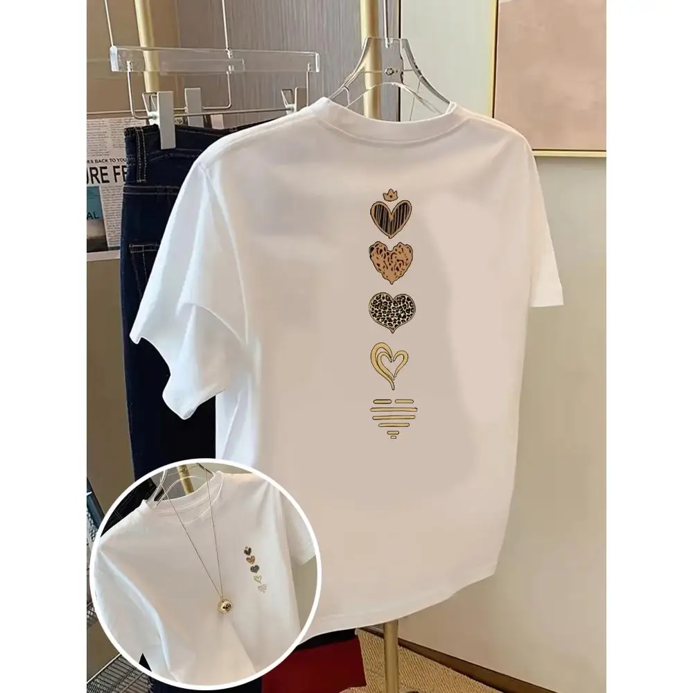 Ladies Women Heart Print Leopard Heart T Shirt Short Sleeve Crew Neck Casual Top Spring Summer Cotton O Neck Style Streetwear