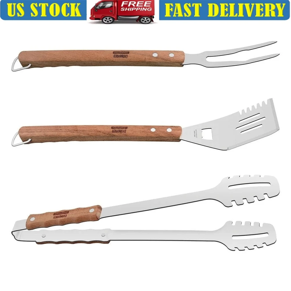 

3-Piece Stainless Steel BBQ Tool Set with Jatoba Wood Handles Spatula Tongs Fork Ideal Outdoor Cooking and Barbecues