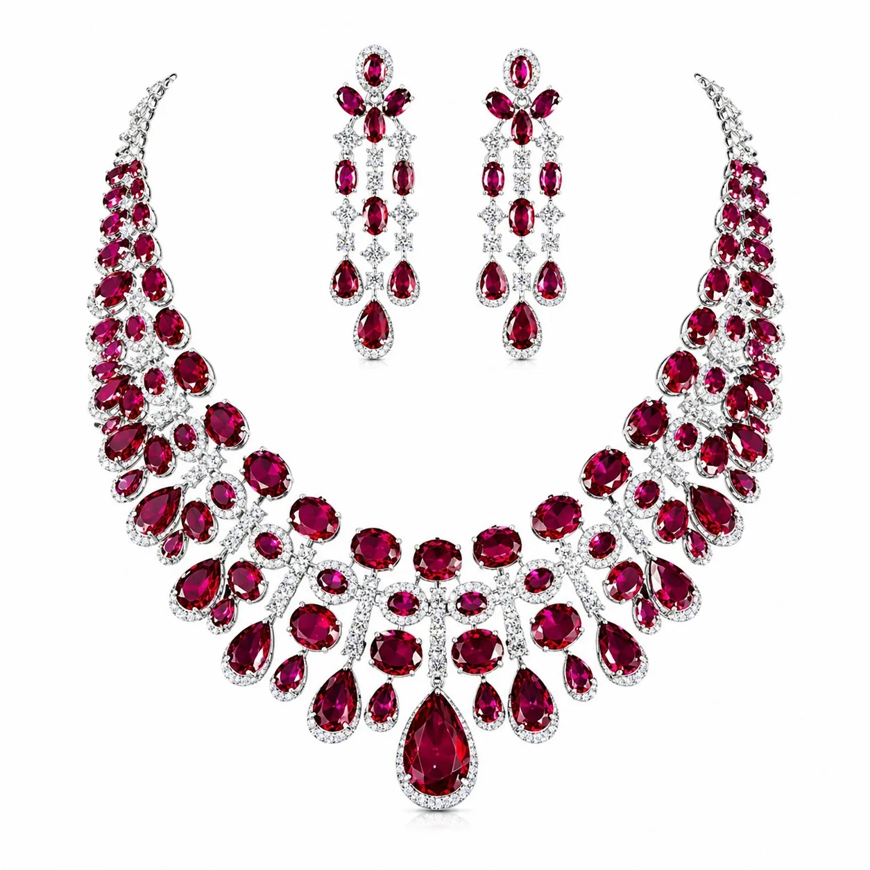 

Women Luxury Ruby Water Drop Necklace Earrings Set, Exaggerated Diamond Inlay, Elegant Wedding Banquet Ornaments Gift