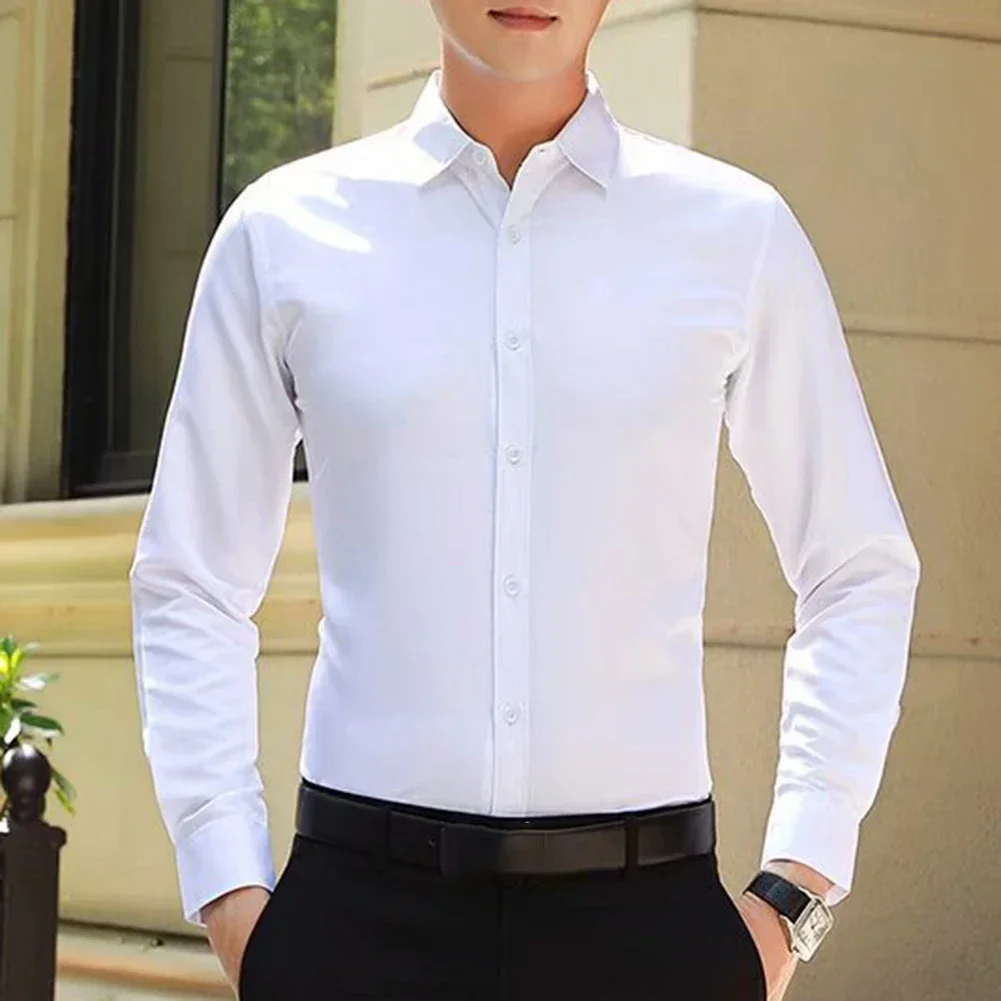 Men\'s Solid Color Business Shirt Fashion Classic Basic Casual Slim White Long Sleeve Shirt Brand Clothes S-5XL