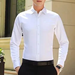 Men's Solid Color Business Shirt Fashion Classic Basic Casual Slim White Long Sleeve Shirt Brand Clothes S-5XL