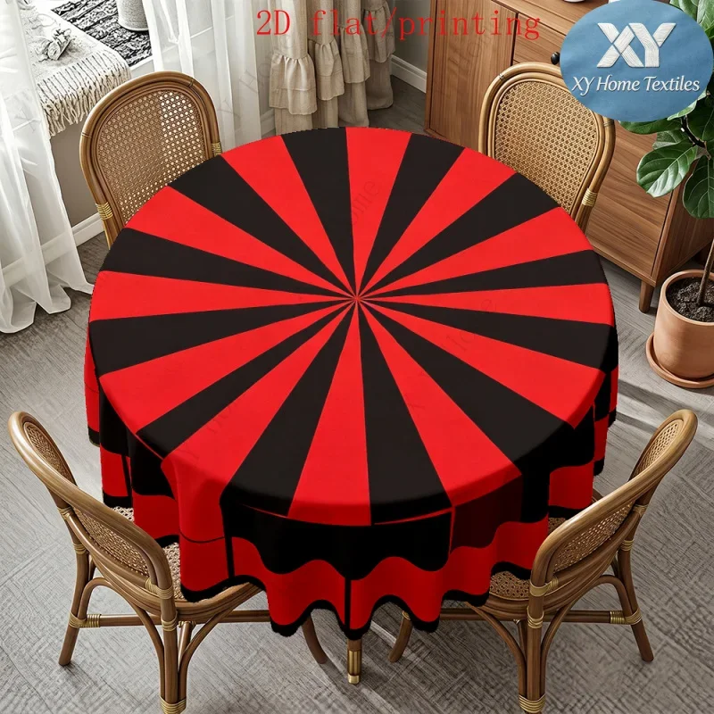 tablecloth 1 piece / Retro Circus Style Red and Black Equal-Width Radial Stripes Wave Border Full-Width Printxzj