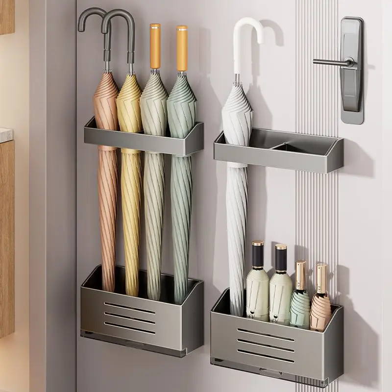 Magnetic Wall Mounted Umbrella Holder Behind Door, Drainage Design, No Drill Home Entryway Umbrella Storage Rack Organizer