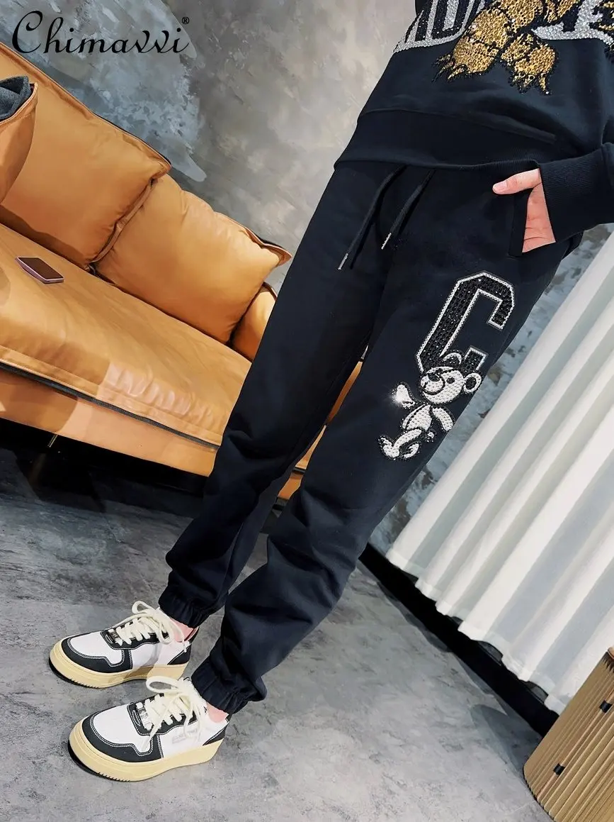 

Luxury Fashion Sweatpants Summer New Fashion Large Size Sports Casual Rhinestone Bear Straight High Street Ankle-Tied Long Pants