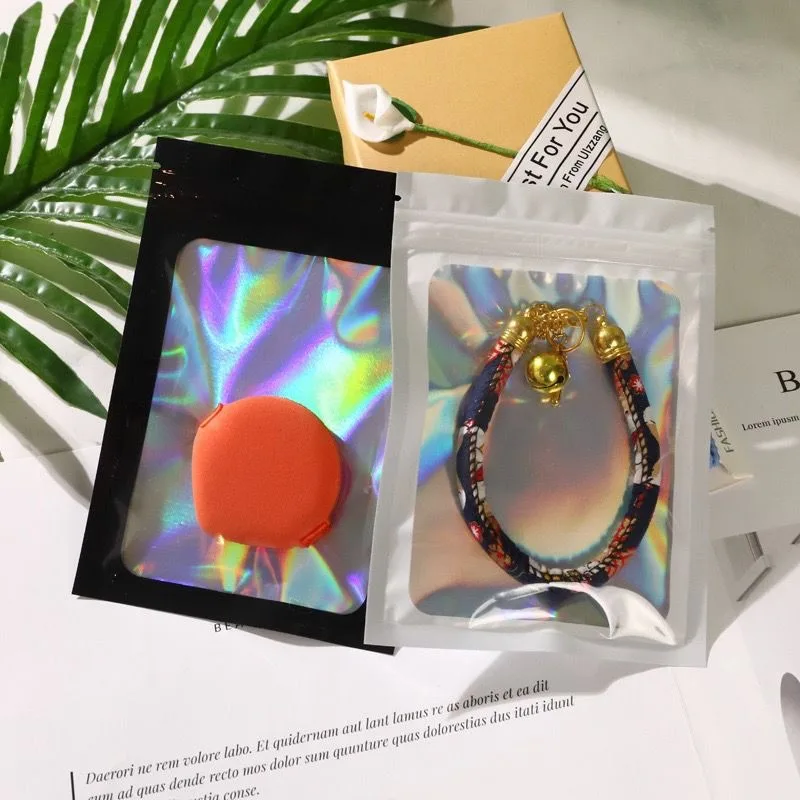 Dicke, geruchsdichte Mylar-Beutel, holografische Laserfarbe, Kunststoff-Verpackungsbeutel, Schmuck, Einzelhandel, Aufbewahrungsbeutel, Geschenk, Reißverschlussbeutel