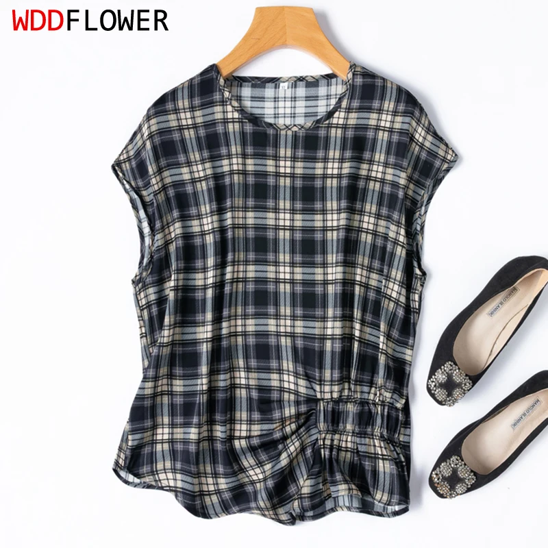 

Women Silk T-shirt 93% Mulberry Silk 7% Spandex Loose Type Cap Sleeve Navy Checks Printed Top Shirt Blouse Summer M1424