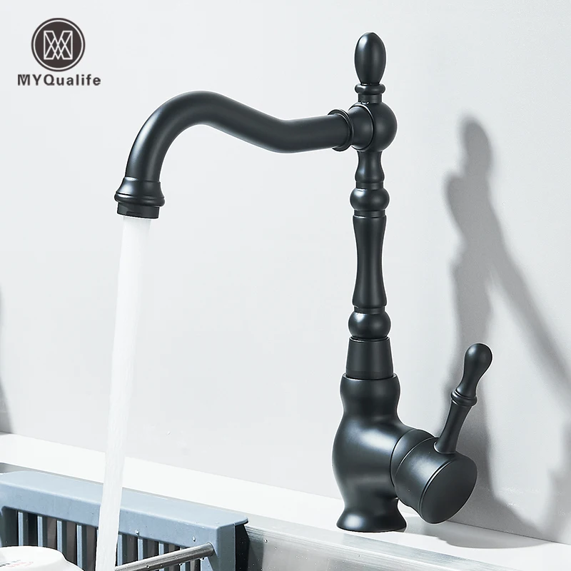 Robinet de lavabo de salle de bains monté sur pont noir, robinet de cuisine à poignée unique en laiton, mélangeurs d'évier rotatifs à 360 degrés, robinet d'eau chaude et froide