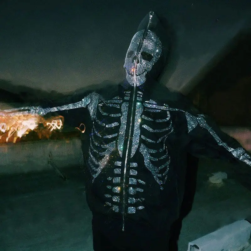 Sequins Rhinestone Skeleton Women Long Sleeve Hooded Zipper Cardigan Sweatshirt Fall Winter Halloween Party Punk Loose Clothing