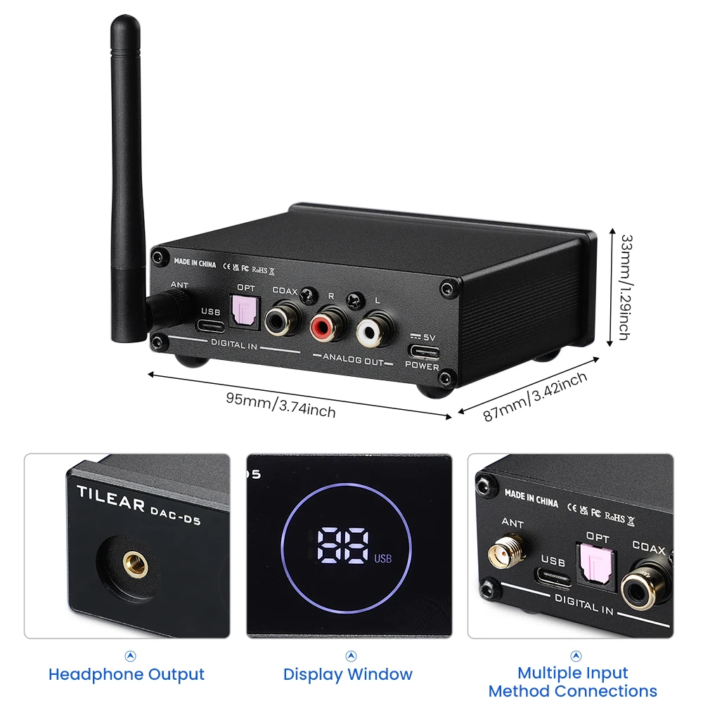 Imagem -04 - Decodificador Receptor Bluetooth Decodificador Hifi Hifi Amplificador de Auscultadores Óptico Coaxial 24 Bit 192khz Es9038 Dac Aptx-hd Ldac Aiyima-csr8675