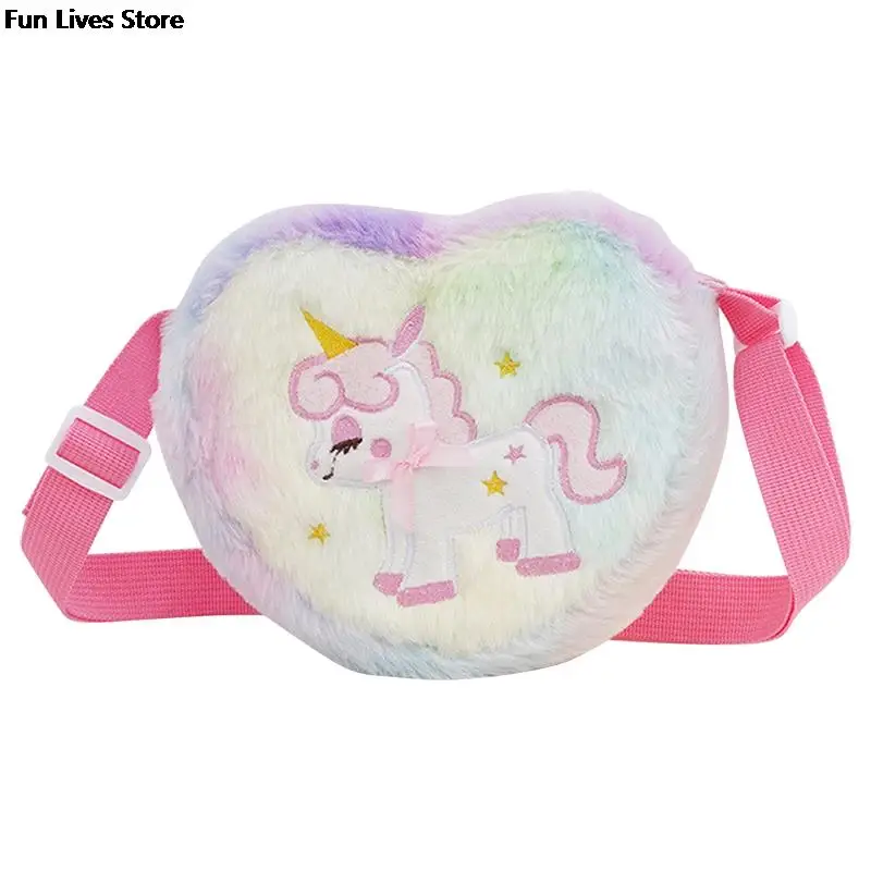 Borse a forma di unicorno a forma di cuore borsa a tracolla per bambini in cartone animato borse a tracolla in peluche cinture regolabili borse borse da scuola per bambini