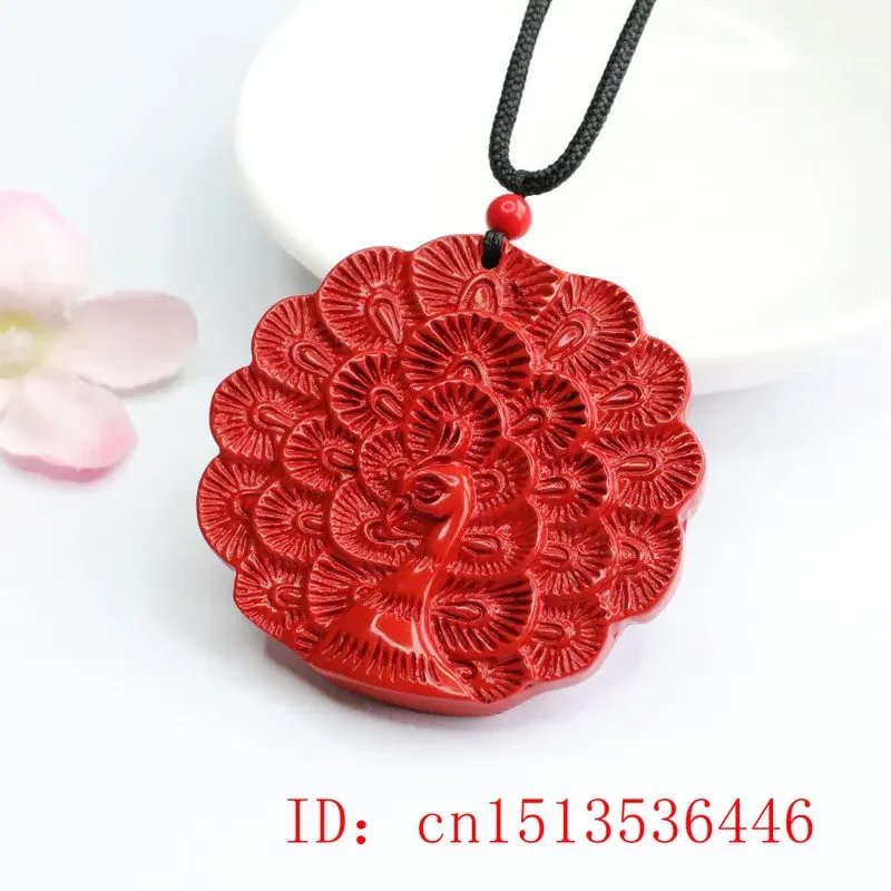 Chinese Cinnabar Jade Red Sand Peacock Carved Pendant Necklace Jewellery Chinese Hand-Carved Healing Women Luck Sweater Chain