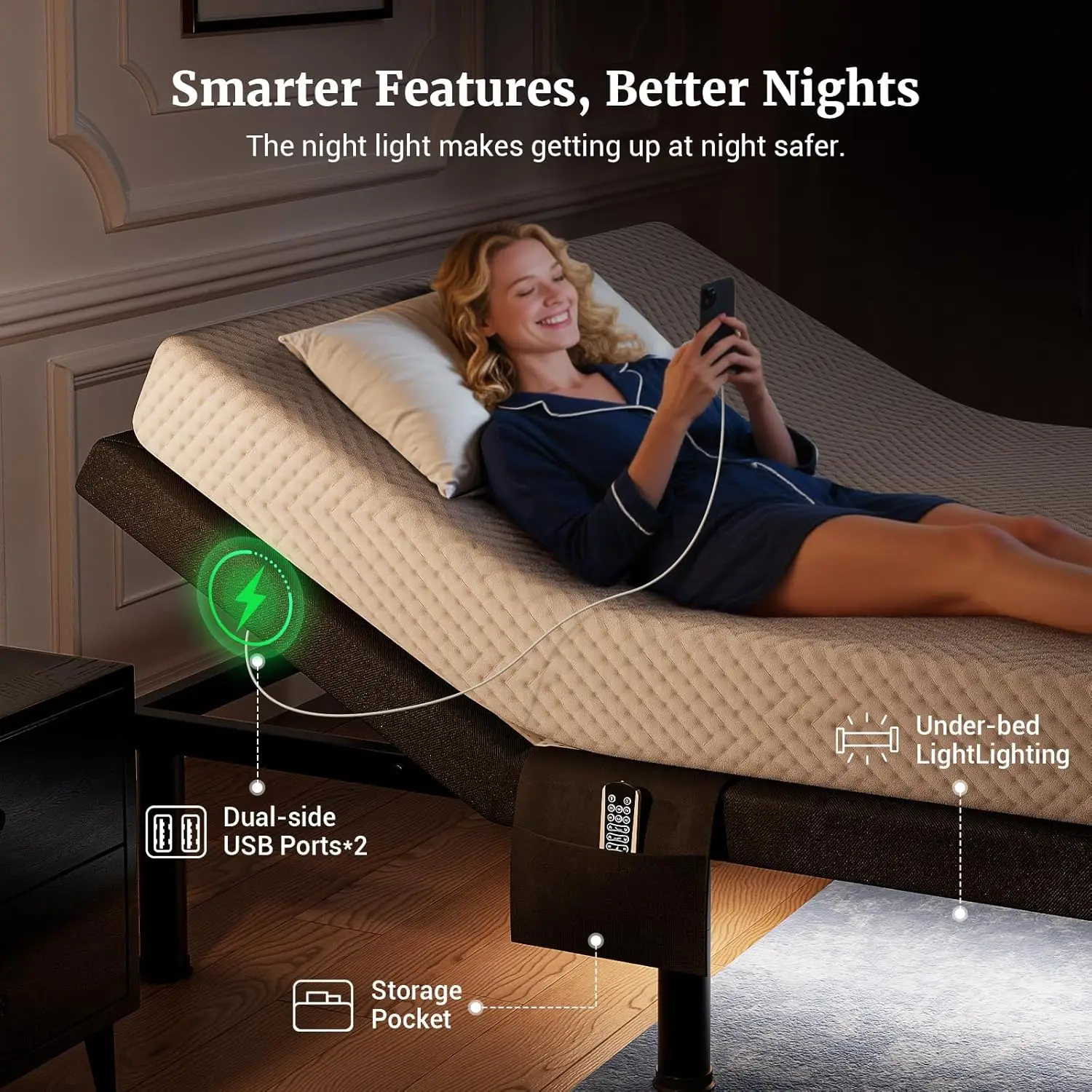 T600 Adjustable Bed Frame Queen Size with Remote & Massage - Electric Beds Bases, Zero Gravity, Dual Side USB, Side Pockets, Nig image 5