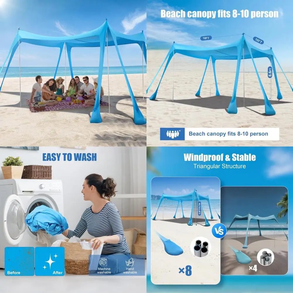 مظلة شاطئ محمولة للاستخدام الخارجي مع حماية من أشعة الشمس بعامل حماية من أشعة الشمس 50+، وخيمة تظليل مقاس 10 × 10 أقدام، تتضمن أكياس رمل ومجارف ومراسي للتثبيت #1