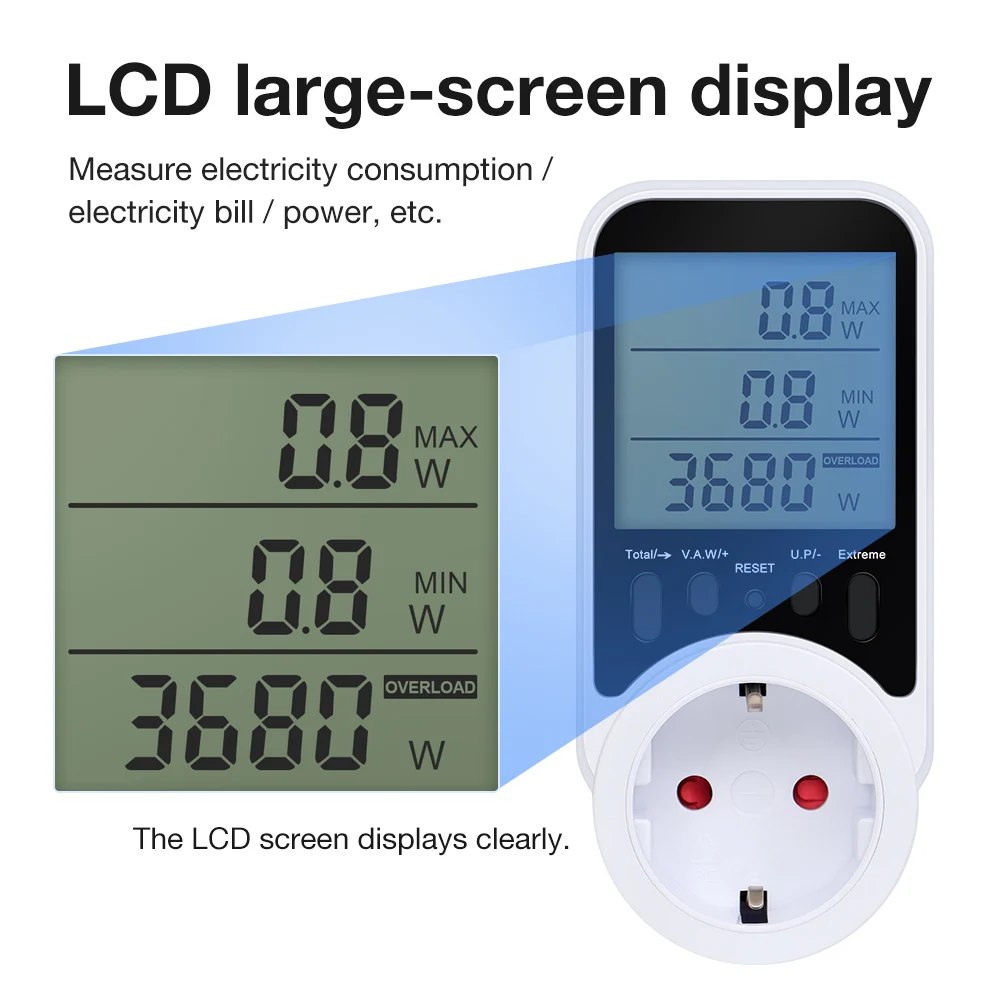 Medidor de potencia de CA, enchufe con pantalla LCD, vatímetro, probador de energía KWH, medición del consumo de electricidad, Monitor de potencia de voltaje de corriente