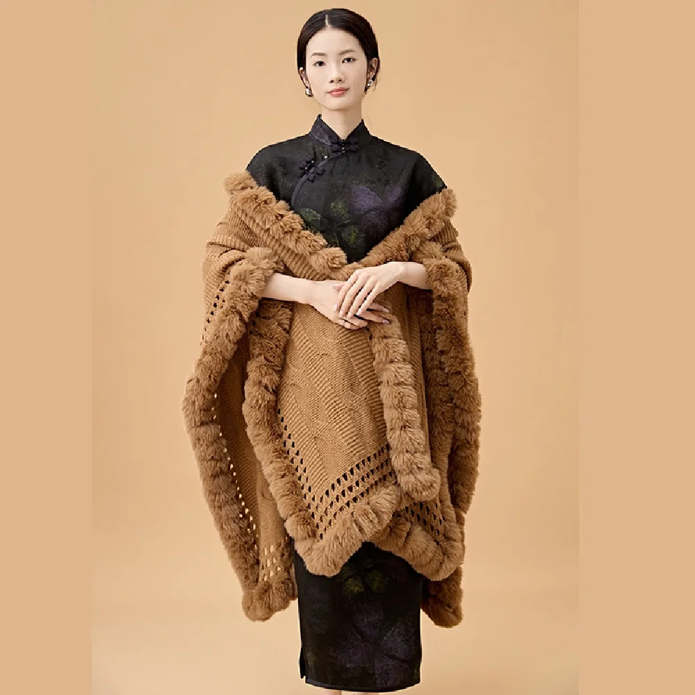 2 Style Winter Knitted Thick Warm Poncho Shawl Cape Mantle String Faux Fur Cloak Loose Bat Sleeves Hollow Out Wear Long Overcoat