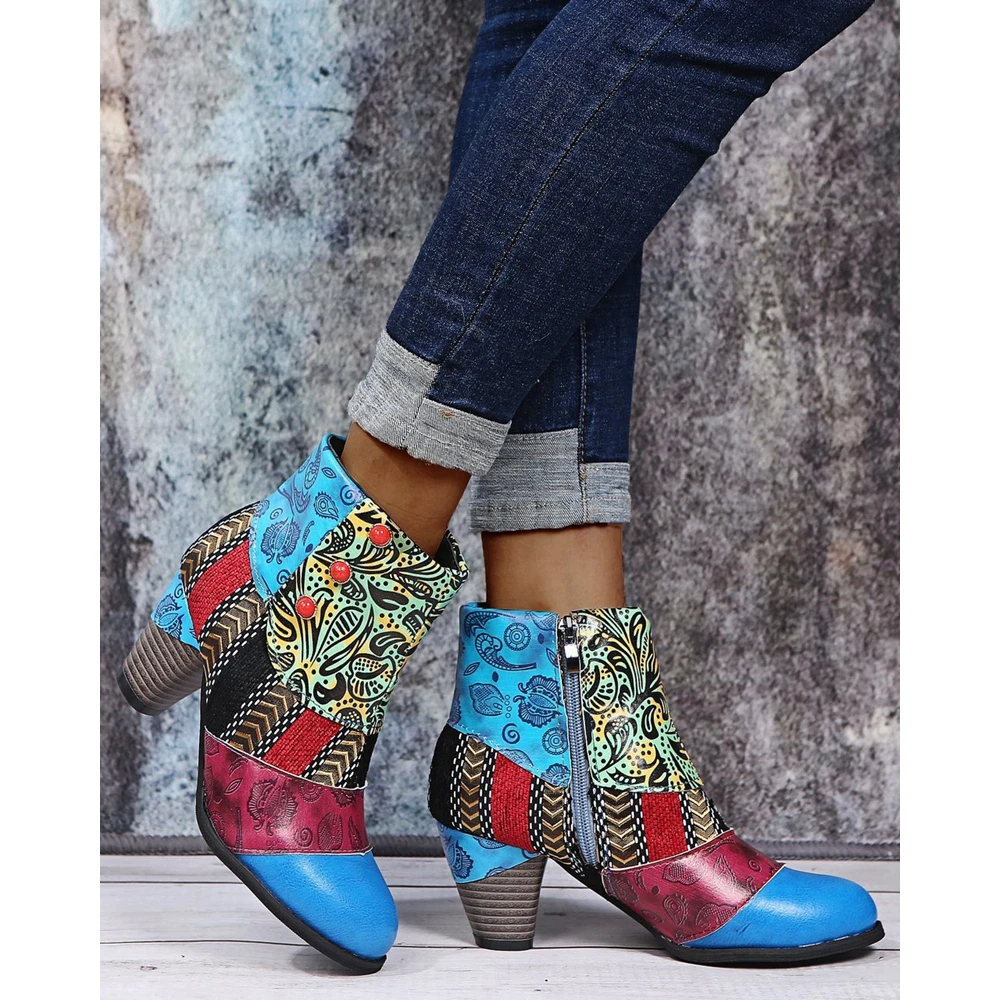 

Women Colorblock Floral Ethnic Print Turkey Ankle Boots Spring Autumn Pointed Toe Design Zip Side Going Out High Heel Boots