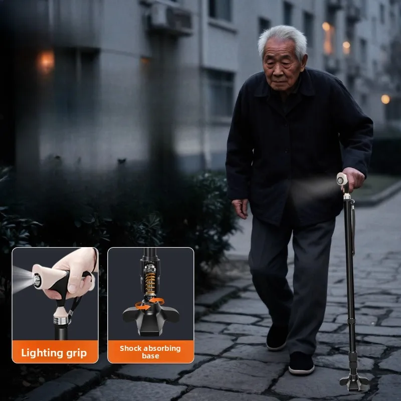 Multifunctional Cane with Led Light Old Men Crutches Adjustment Non-slip Walking Sticks for Elderly Retractable Aluminum Crutch